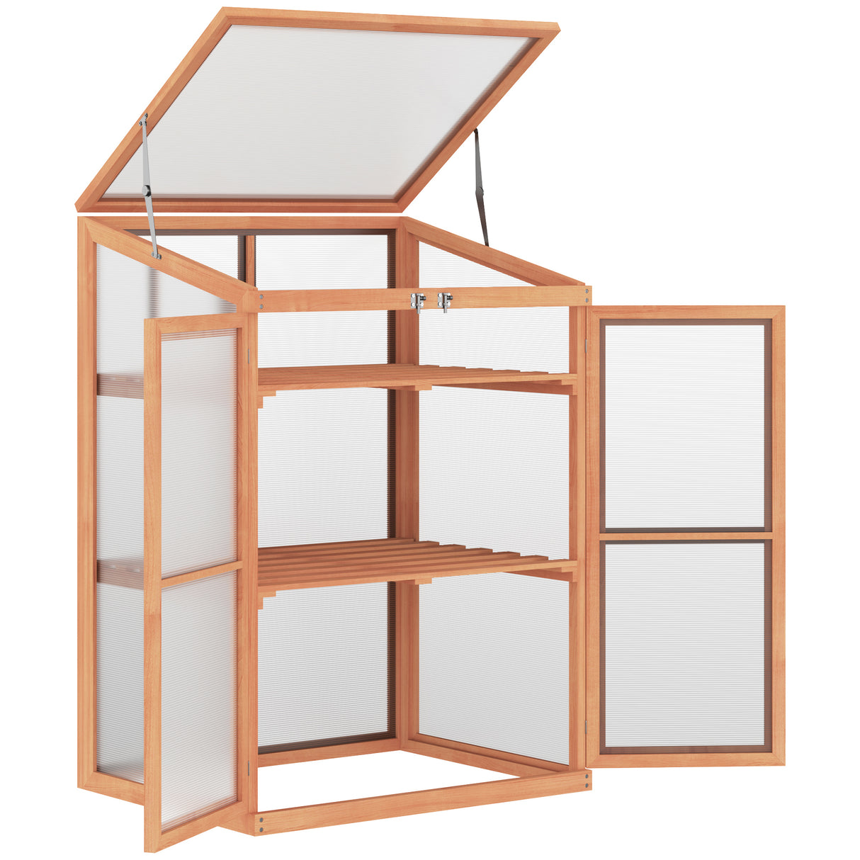 Natural Wood Mini Greenhouse with Openable Top and Slatted Shelving