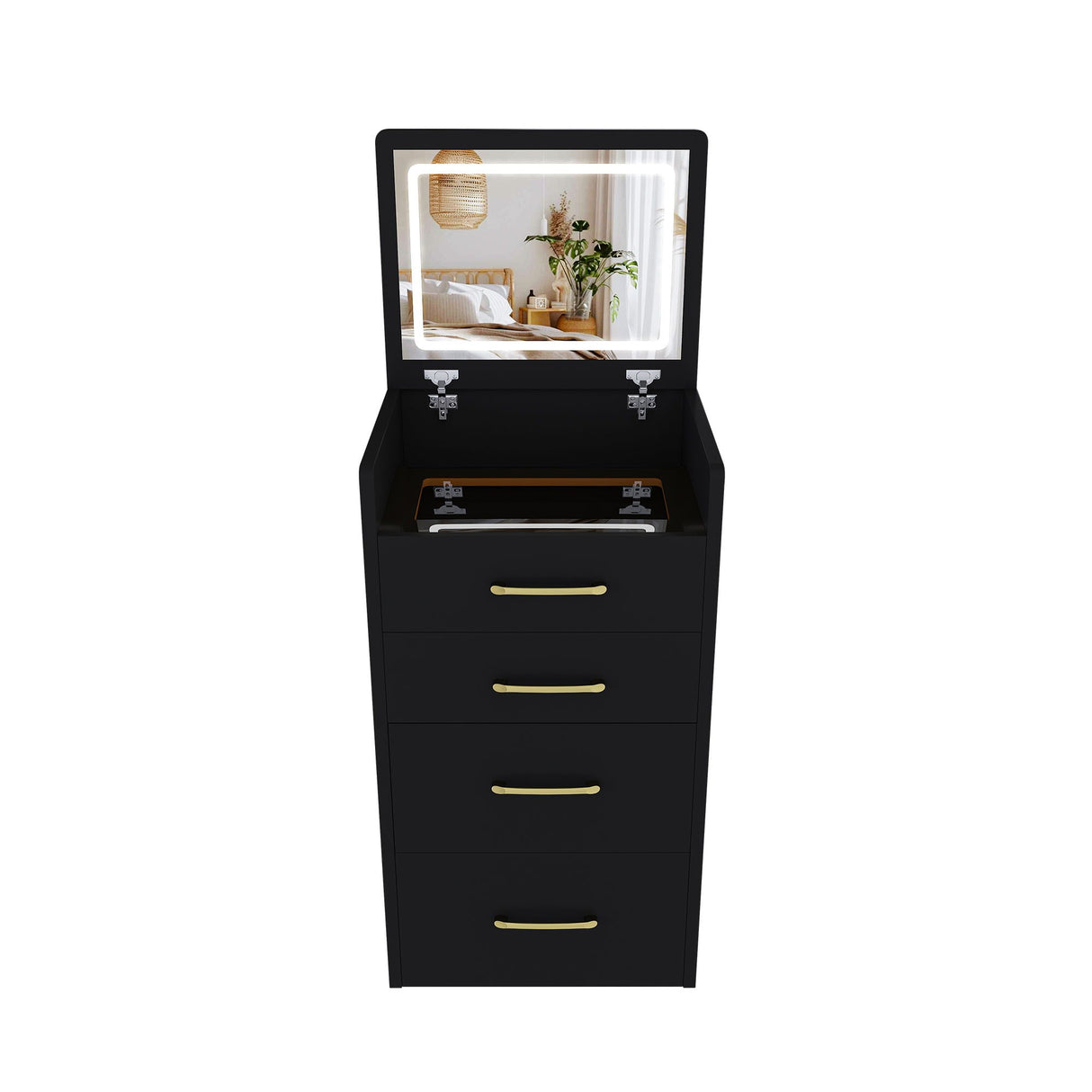 3 In 1 Vanity Desk With Open Top Mirror, Glass Desktop Makeup Set With 3 Drawers, Compact Dressing Table For Bedroom - Black