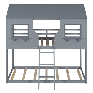 Twin Over Twin Bunk Bed With Roof, Window, Guardrail, Ladder
