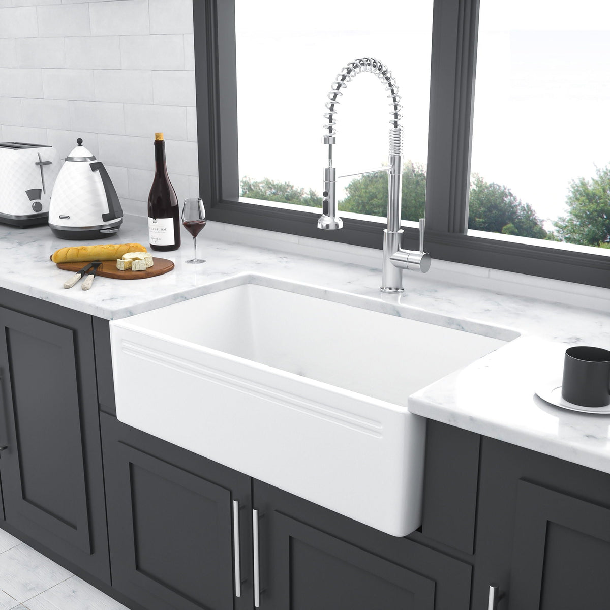 Farmhouse Ceramic Apron Front Single Bowl Kitchen Sink with Durable Design - White or Black