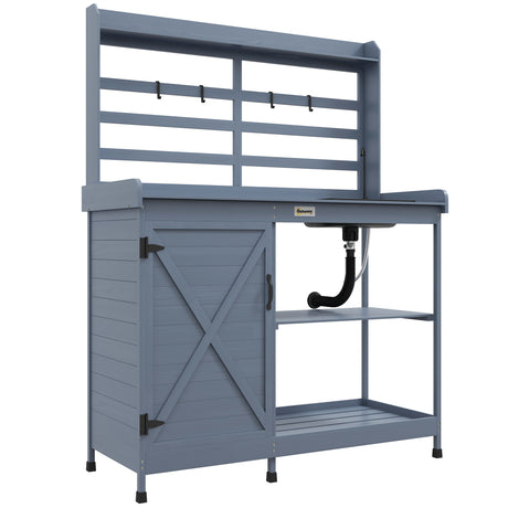 Outdoor Potting Table with Storage Cabinet, Storage Shelves, Sink and Water Tap,  Gray