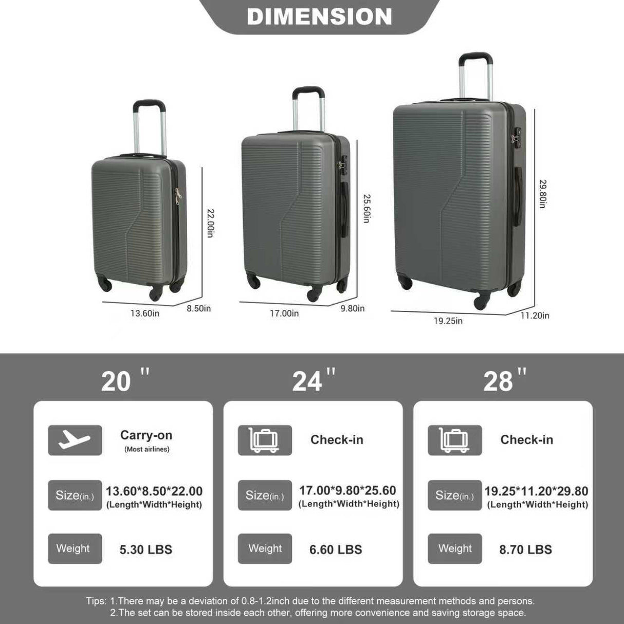 7-Piece Luggage Set ABS Lightweight & Durable Suitcase with Spinner Wheels TSA Lock (20/24/28) Dark Grey