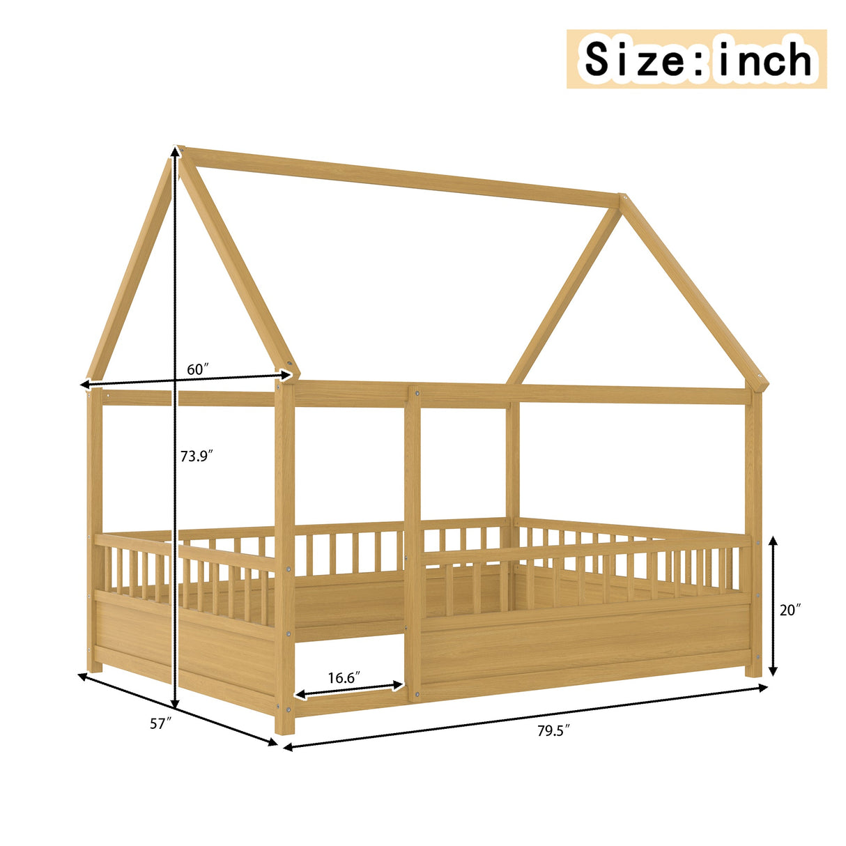 Full Size Wooden Bed with House Roof Frame