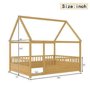 Full Size Wooden Bed with House Roof Frame