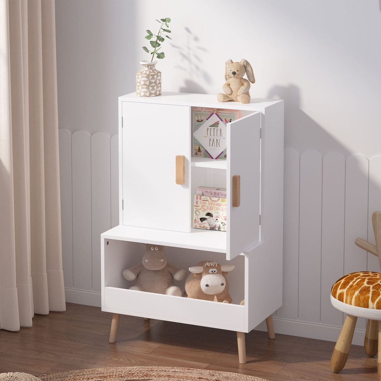 Toy Storage Cabinet With Doors And Open Shelf, Toddler Bookshelf For Playroom - White
