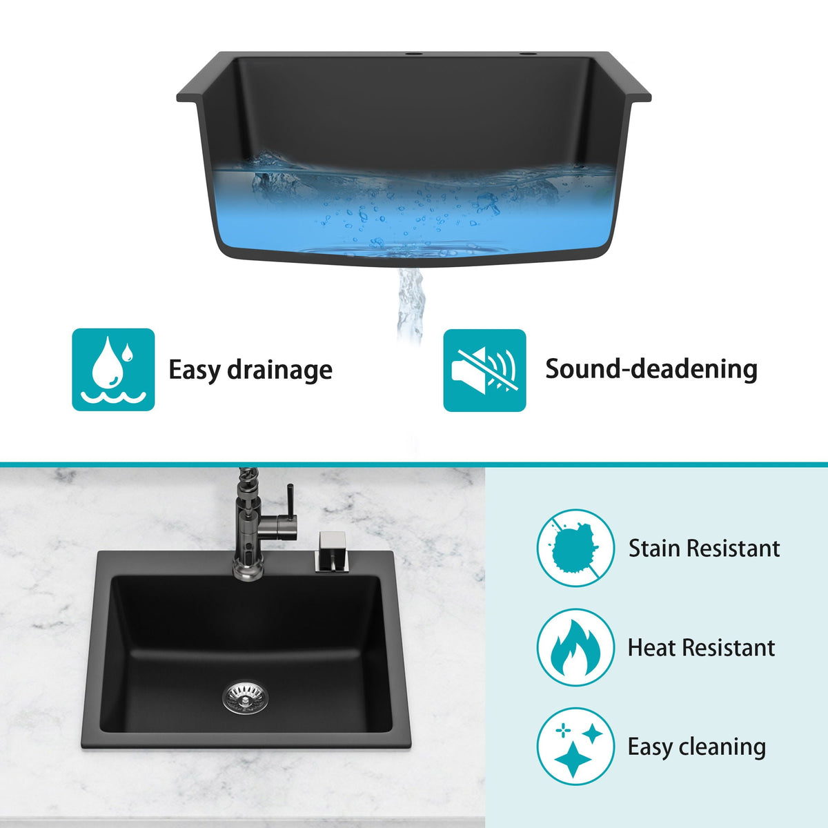 Quartz Kitchen Sink, Granite Composite, Drop In Sink With Durable Design