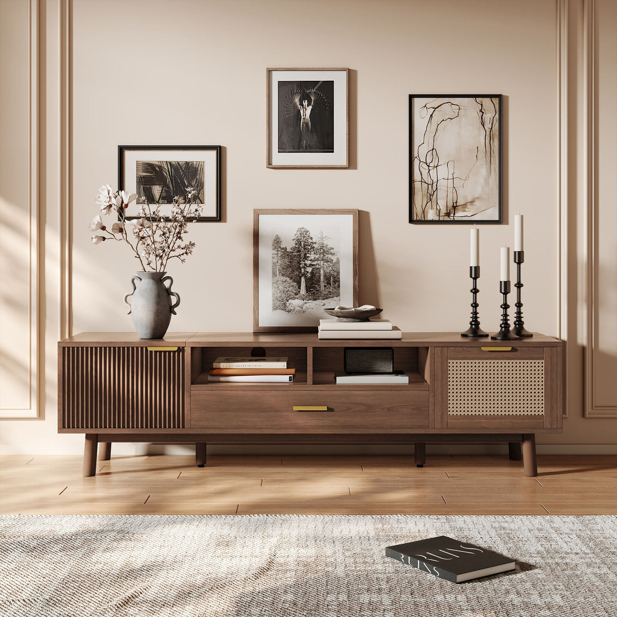 TV Stand For 75" TVs With Soft Closing Doors, Console With Accents And Drop Down Cabinet - Dark Brown