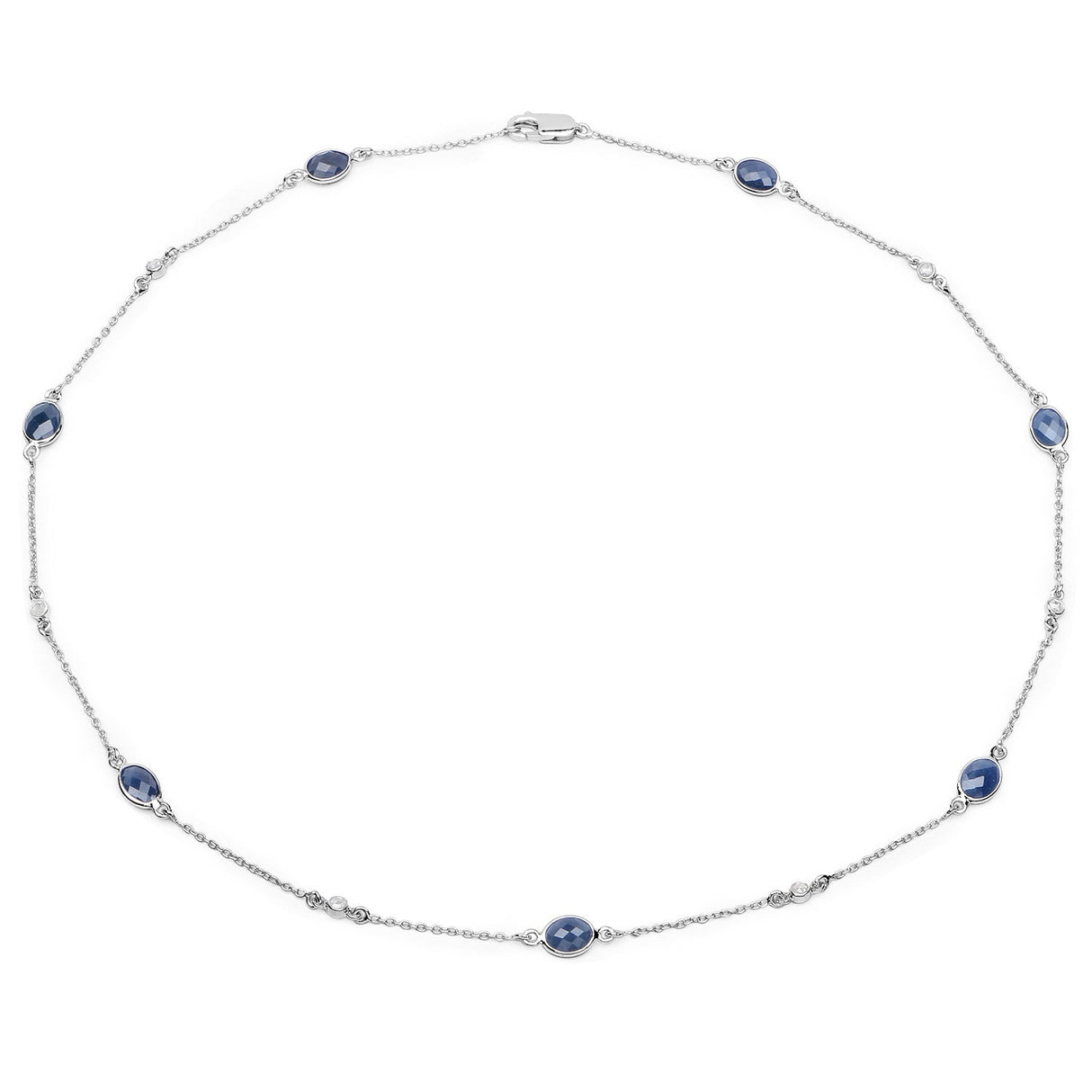 6.43 Carat Genuine Blue Sapphire and White Diamond .925 Sterling Silver Necklace