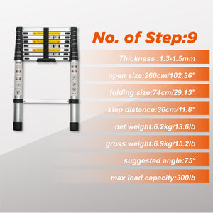 Telescopic Extension Ladder, Folding Portable Multi Purpose For Indoor Outdoor Work - Black