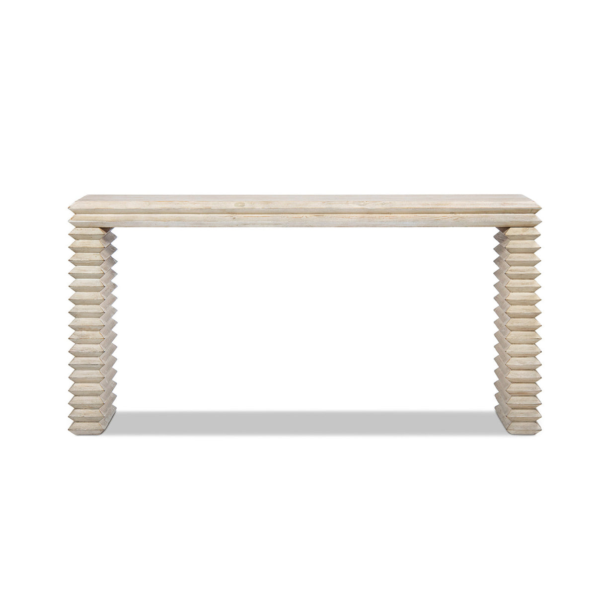 Veda 63' Reclaimed Wood Stacked Geometric Waterfall Console Table, Whitewashed Natural Reclaimed Pine Wood