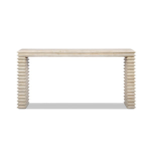 Veda 63' Reclaimed Wood Stacked Geometric Waterfall Console Table, Whitewashed Natural Reclaimed Pine Wood