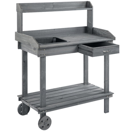 Wooden potting bench work table with 2 removable wheels, sink, drawer & large storage spaces, gray