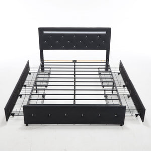 Upholstered Bed Frame With LED Lights, 4 Storage Drawers, Charging Station