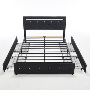 Upholstered Bed Frame With LED Lights, 4 Storage Drawers, Charging Station