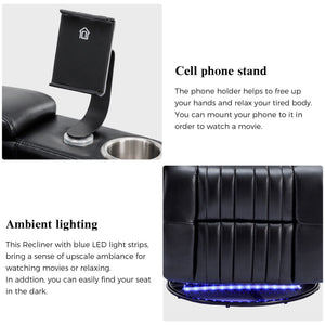 270° Power Swivel Recliner Home Theater Chair With Hidden Arm Storage, LED Light, Cup Holder, And Tray Table