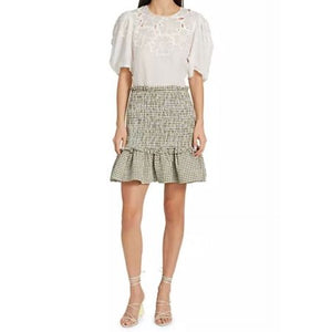 Veronica Beard Women s Olive Aloya Smocked Gingham Miniskirt  Medium