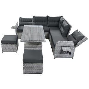 Outdoor Furniture Set Patio Rattan Furniture with Adjustable Table, Recliners, Side Tables, Ottomans