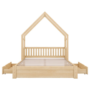 House Style Platform Bed With Guardrail And 2 Drawers