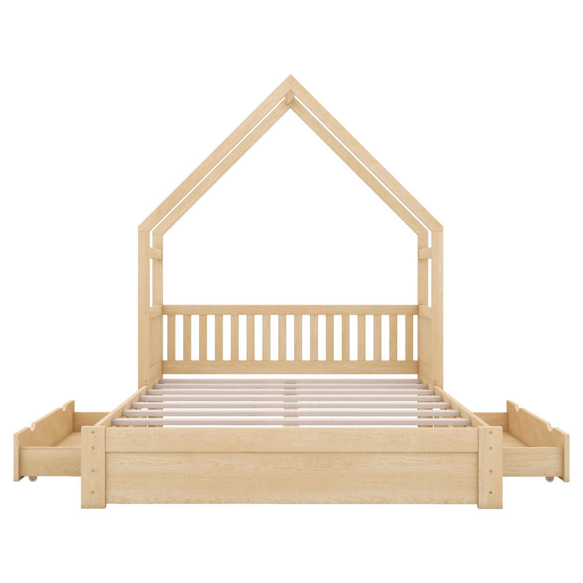 House Style Platform Bed With Guardrail And 2 Drawers