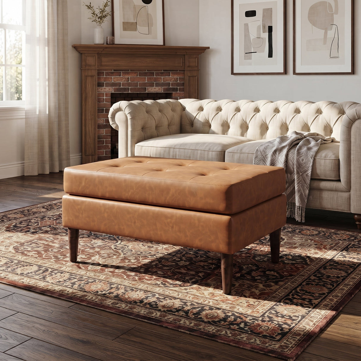 Upholstered PU Leather Ottoman, Solid Wooden Legs