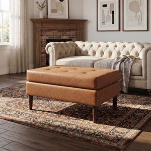 Upholstered PU Leather Ottoman, Solid Wooden Legs