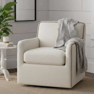 Cream Swivel Accent Chair with Antique Brass Nailhead Trim