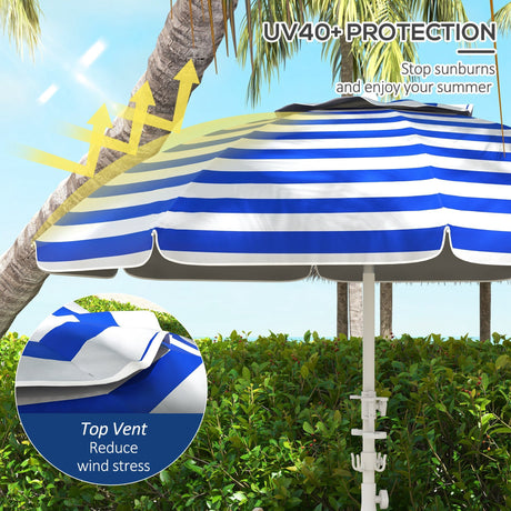 5.7' portable beach umbrella with tilt, adjustable height, 2 cup holders & hooks, uv 40+ with vented canopy, blue white stripe