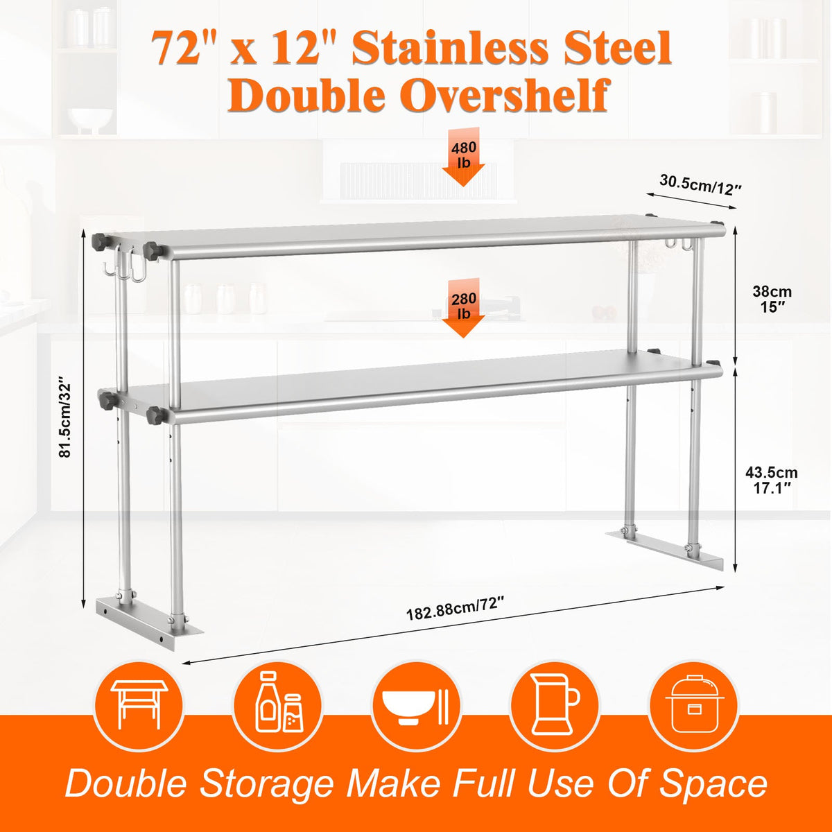 72 Inch Adjustable Stainless Steel Kitchen Rack