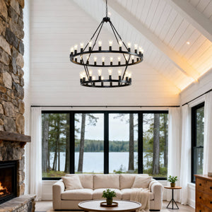 47.24 Inch Matte Black Wagon Wheel Chandelier with 36 Lights