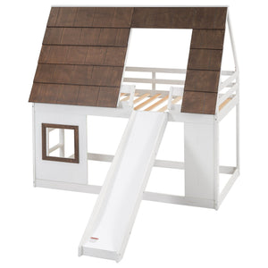 Wood Twin Size House Bunk Bed With Roof, Ladder And Slide - White / Brown