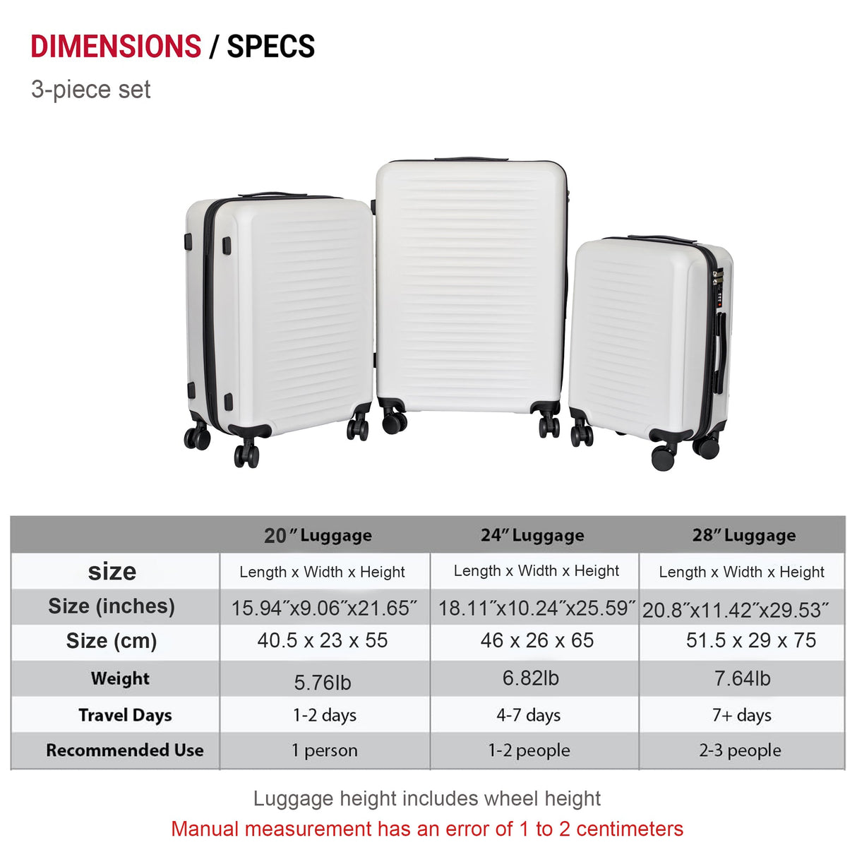 3 Piece Hard Shell Lightweight Carry On Suitcase Set