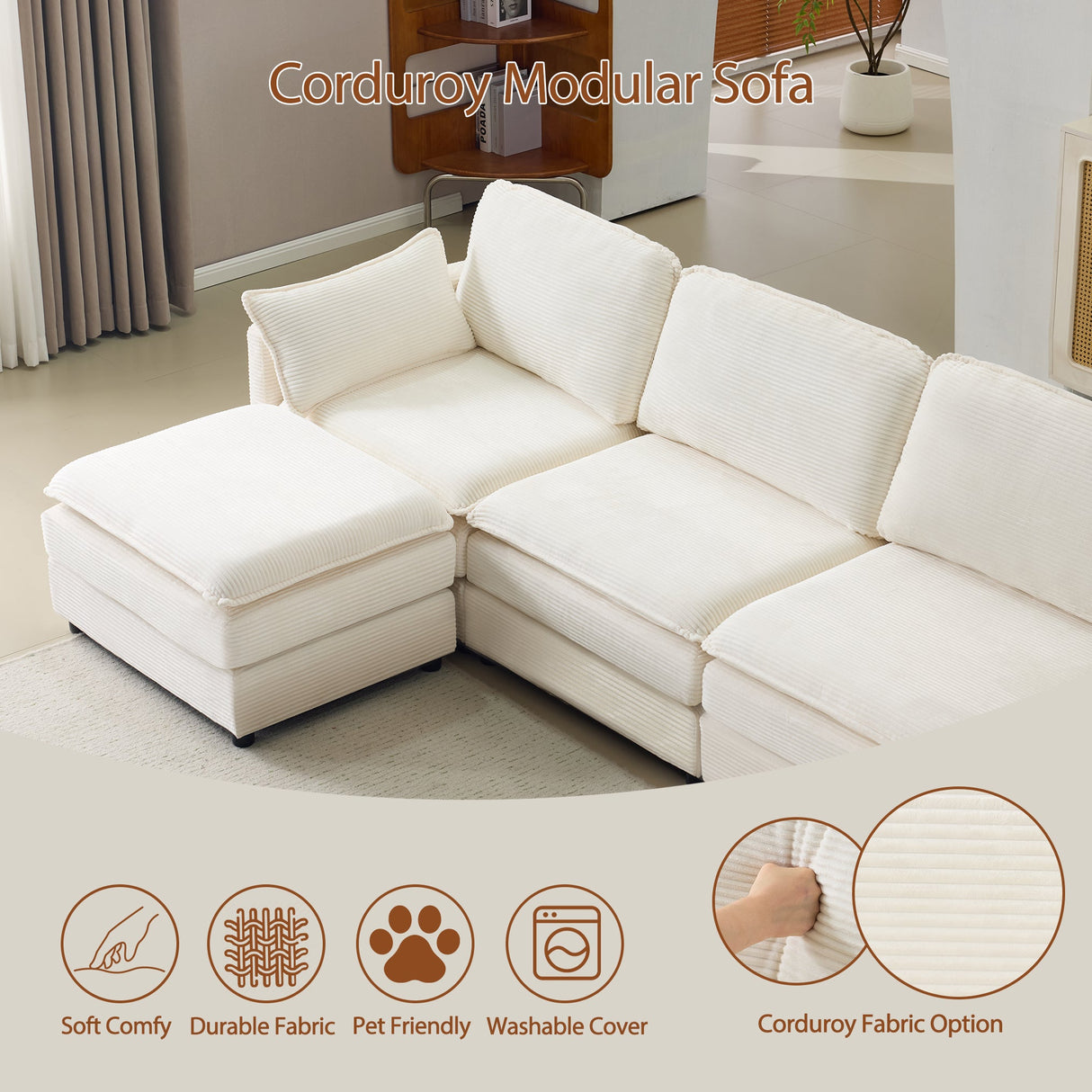 136" Plush Cloud 3-seater Sofa: Modular Design with Footstools