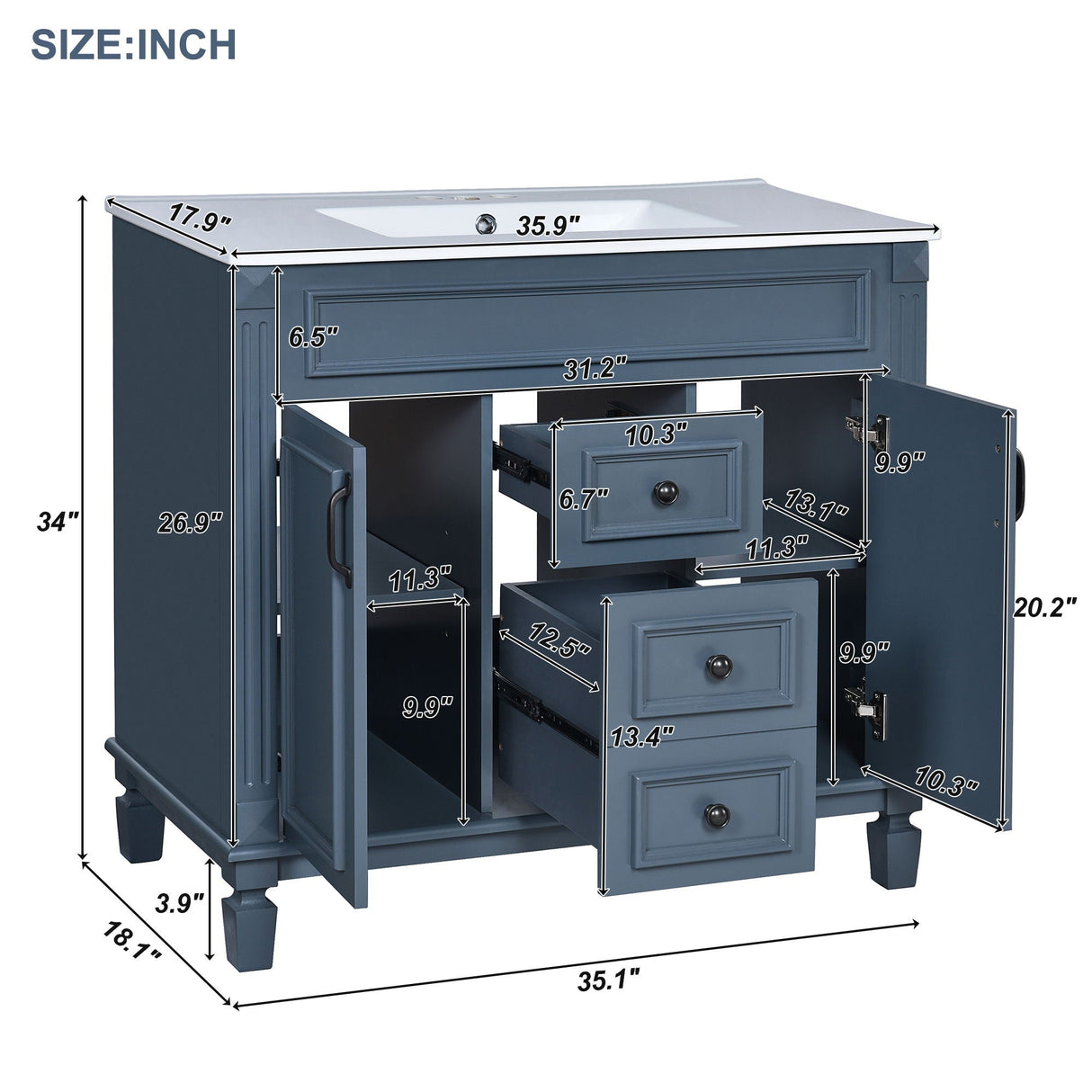 36" Blue Bathroom Vanity with Ceramic Sink and Storage