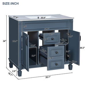 36" Blue Bathroom Vanity with Ceramic Sink and Storage