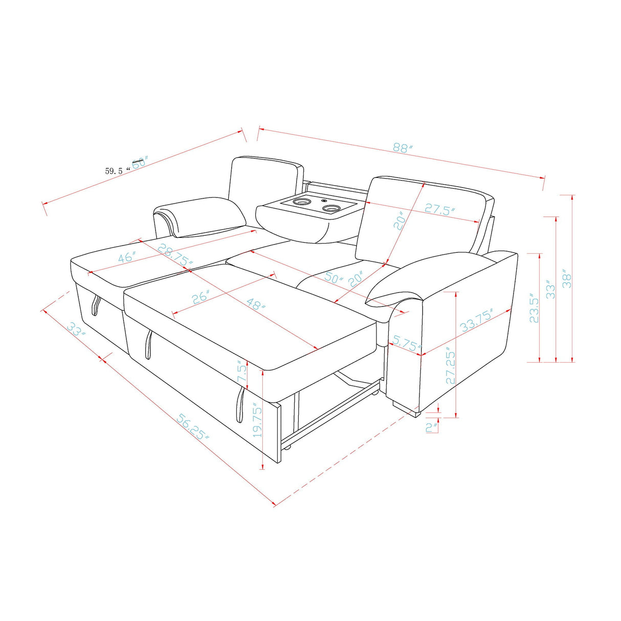 Rebecca - Sofa With Pull Out Bed, Storage Chaise, USB And Cup Holders - Dark Gray