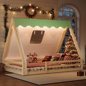 Full Size House Floor Bed with Tent and Light