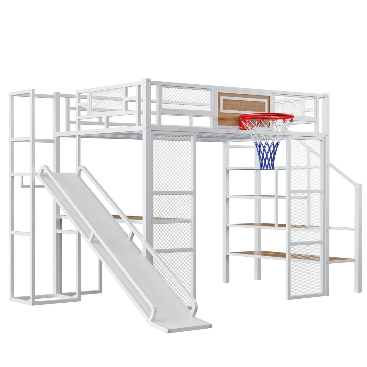 Loft Bed With Built In Desk, Open Wardrobe, Basketball Hoop, Slide And Staircase