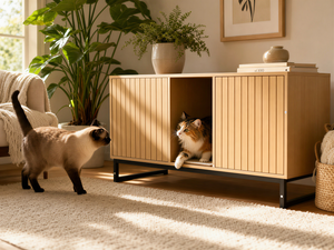Modern Wooden Cat House with Scratching Mat