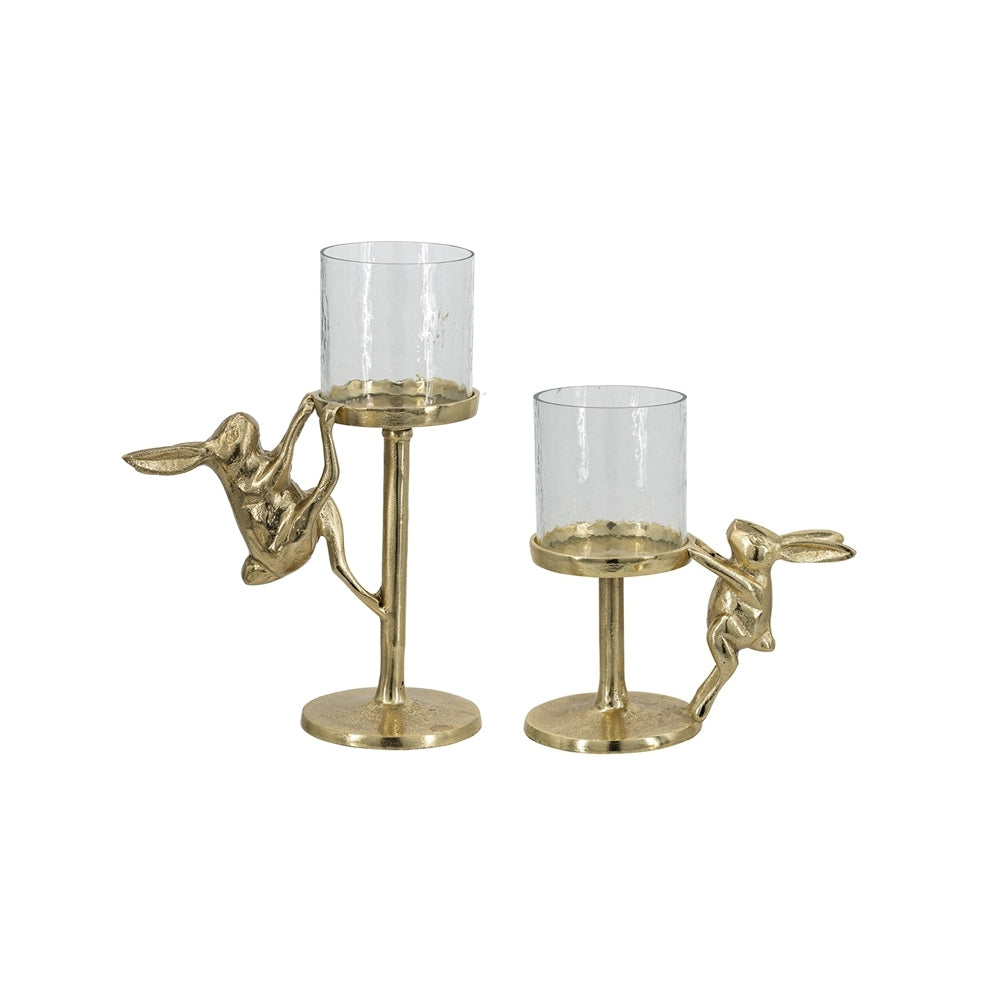 Set of 2 Gold Rabbit Pillar Candle Holders with Clear Glass Hurricane Shade