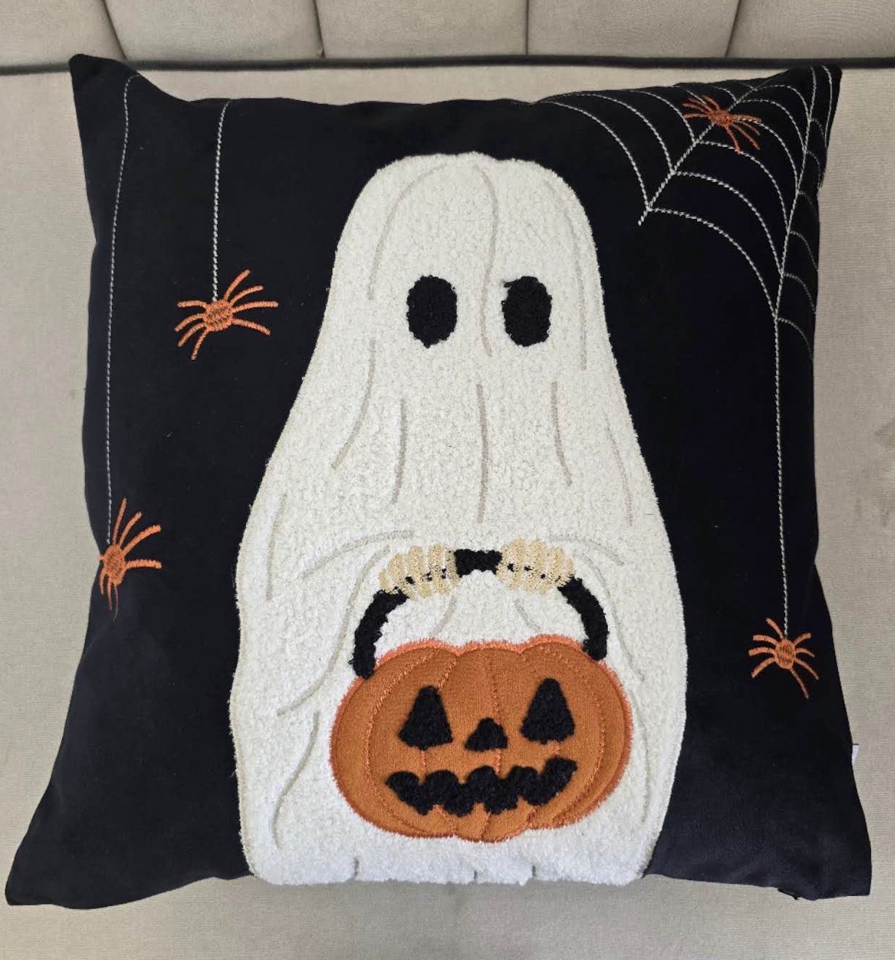 Halloween Ghost With Pumpkin Bucket Throw Pillow – Tuesday Morning