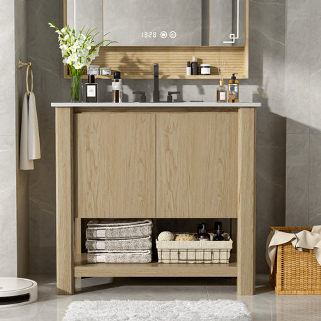 35.5" Antique Natural Freestanding Bathroom Vanity with Ceramic Sink by christopher knight home