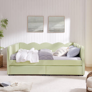 Queen Size Cozy Gingham Daybed with Two Storage Drawers, with USB Port and Adorable Wave Shaped, Linen Fabric
