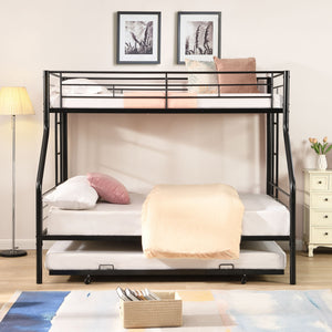 Twin Over Full Modern Metal Bunk Bed with Trundle - Black