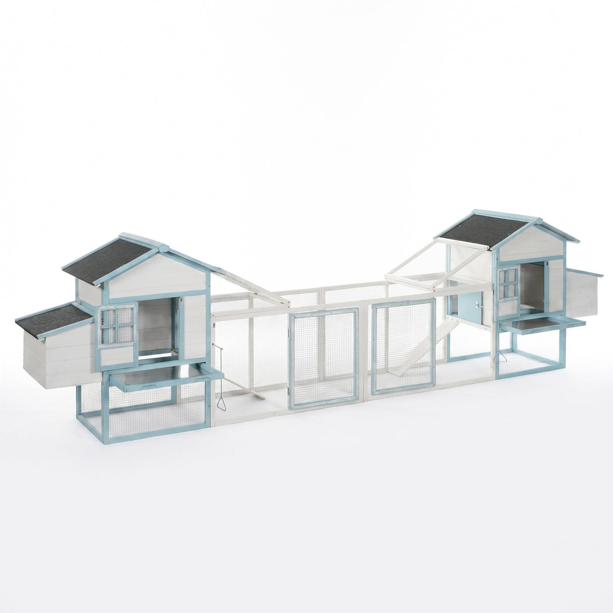 Large Wooden Chicken Coop with Double Nesting Boxes, Outdoor Walk-In Chicken Run with Waterproof Asphalt Roof, Fir Wood Poultry Cage with Pull-Out Dropping Trays