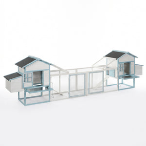 Large Wooden Chicken Coop with Double Nesting Boxes, Outdoor Walk-In Chicken Run with Waterproof Asphalt Roof, Fir Wood Poultry Cage with Pull-Out Dropping Trays
