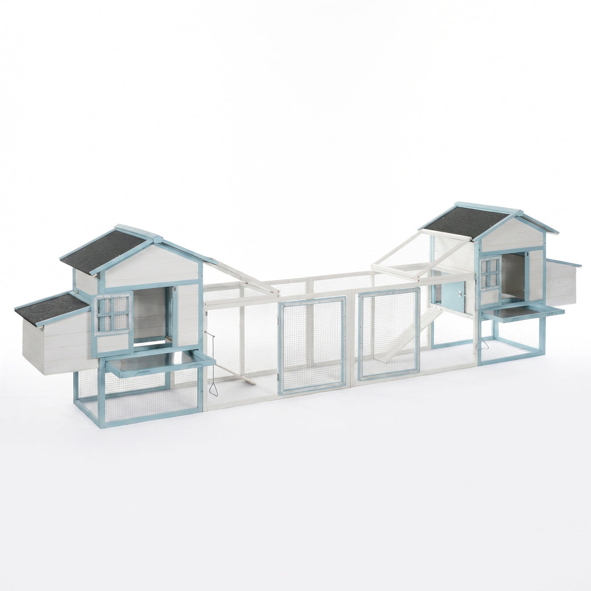 Large Wooden Chicken Coop with Double Nesting Boxes, Outdoor Walk-In Chicken Run with Waterproof Asphalt Roof, Fir Wood Poultry Cage with Pull-Out Dropping Trays