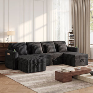 U Shaped Plush Corduroy Fluffy Sectional Sleeper Sofa