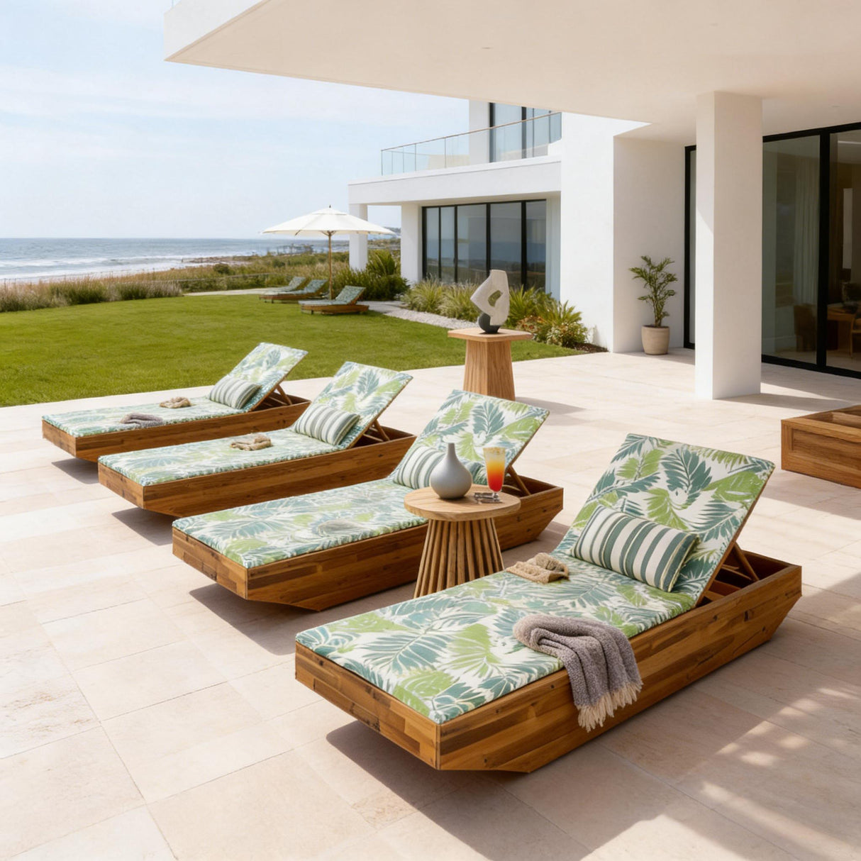 Acacia Wood Chaise Lounge with Teak Finish and Water-Repellent Cushion
