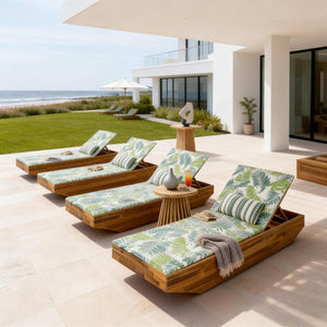 Acacia Wood Chaise Lounge with Teak Finish and Water-Repellent Cushion