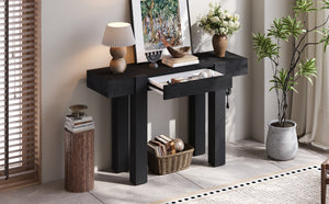 TREXM Rustic Minimalist Console Table with Hidden Drawer, Side Power Outlet